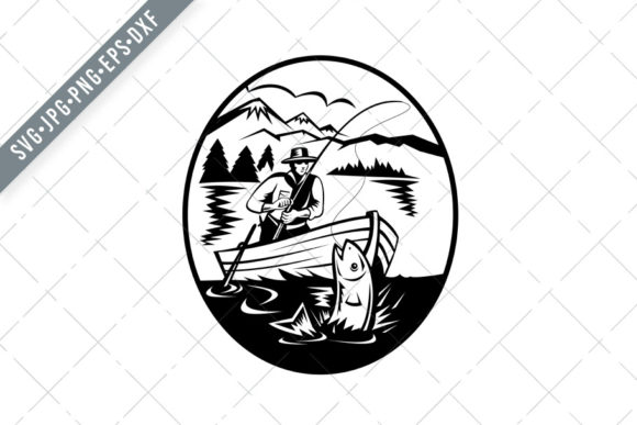 Trout Fisherman on Boat Fishing: Premium Graphics and Illustrations for Publishers